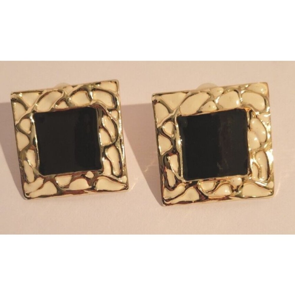 Vintage Don-Lin Earrings Clip On Gold With Ivory And Black Enamel